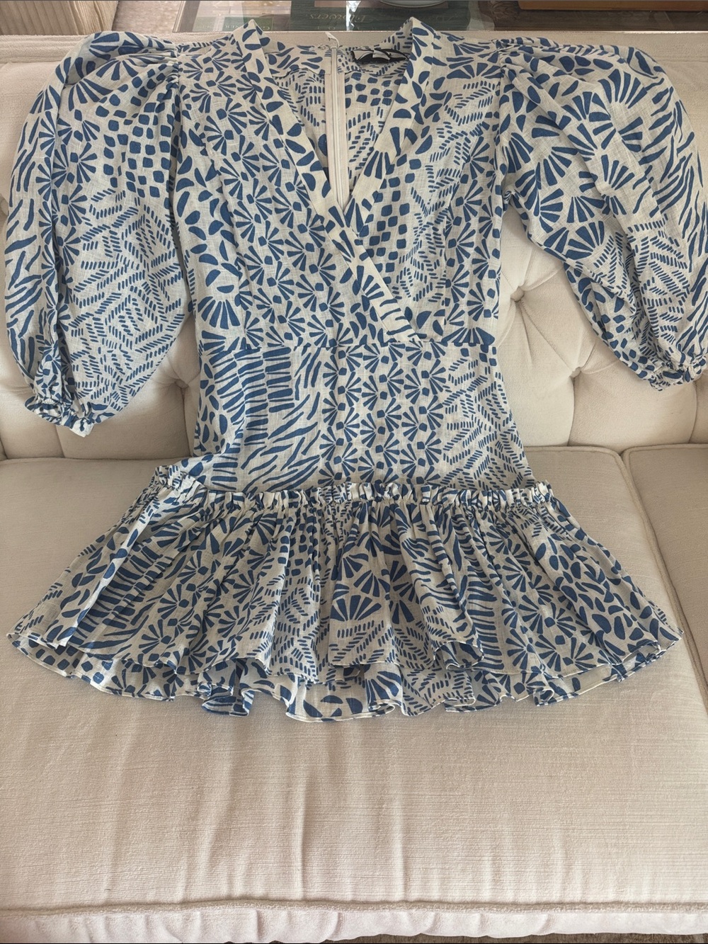 Alexis Blue and White Printed Puff Sleeve Top